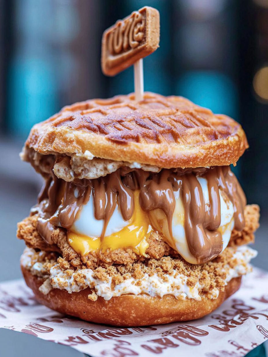 A burger with a chocolate sauce and a biscuit on top.