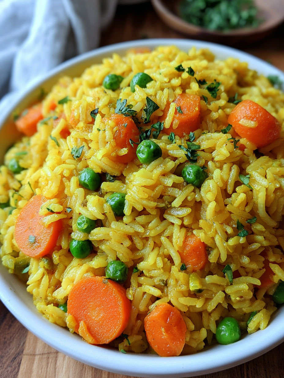 A bowl of rice with peas and herbs.