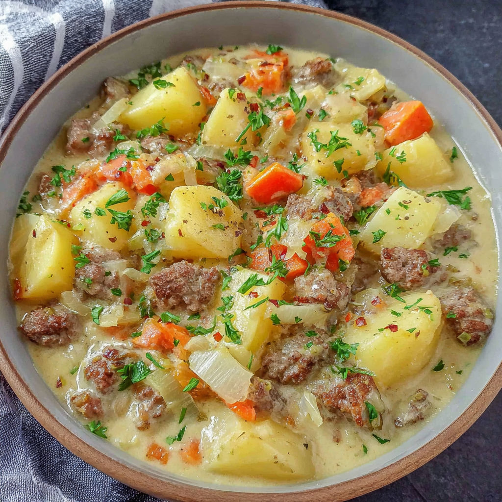 A bowl of creamy soup with potatoes, carrots, and onions.