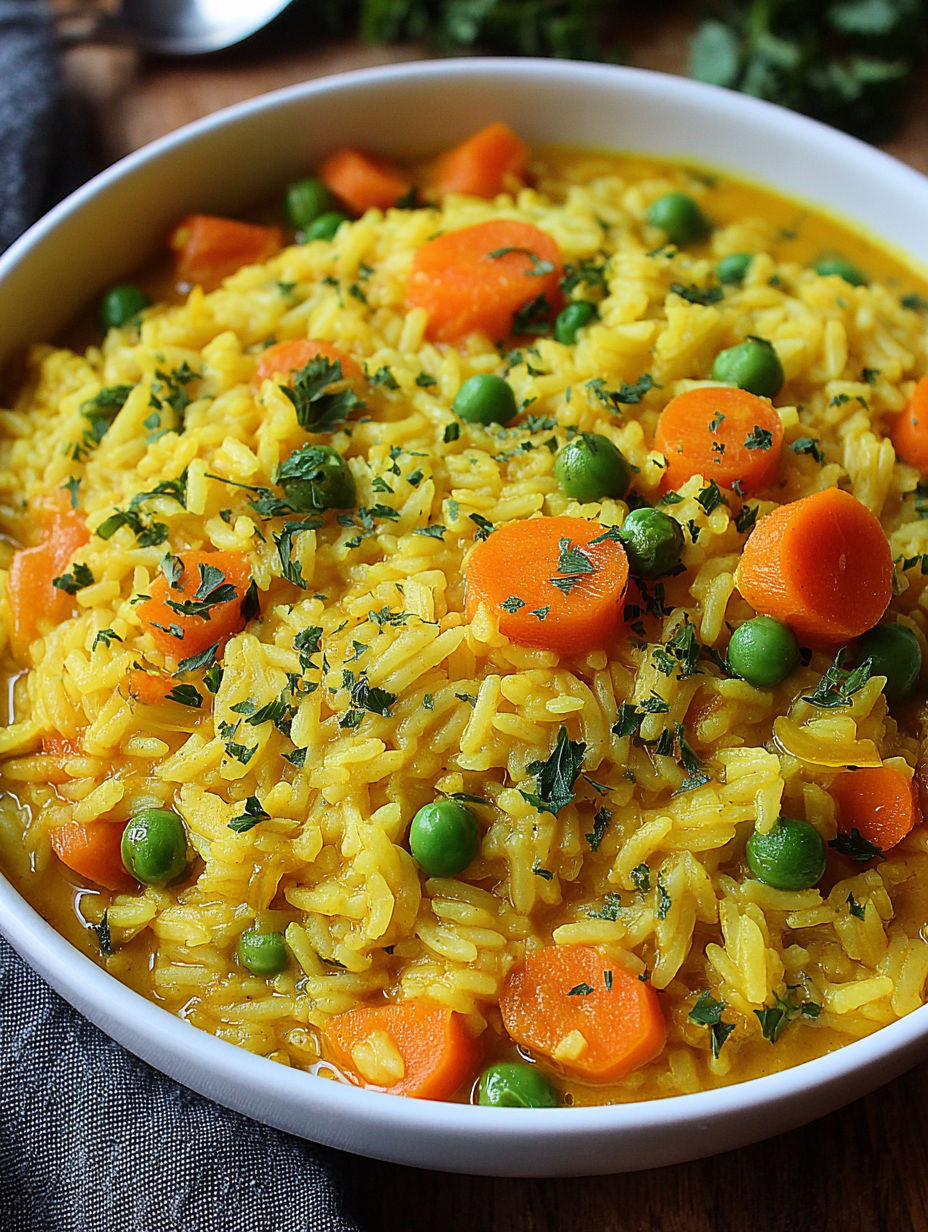 A bowl of rice with peas and carrots.