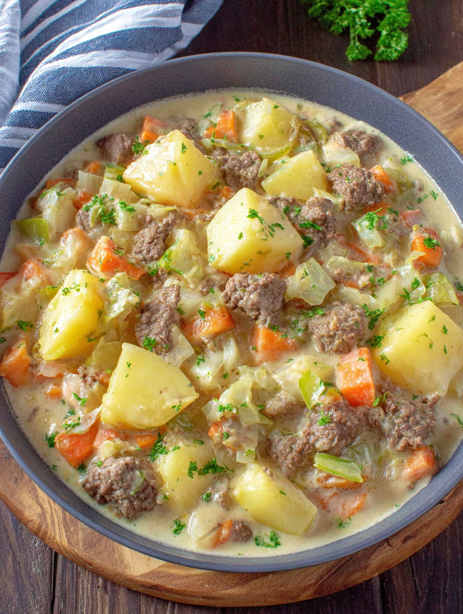 A bowl of food with potatoes and meat.