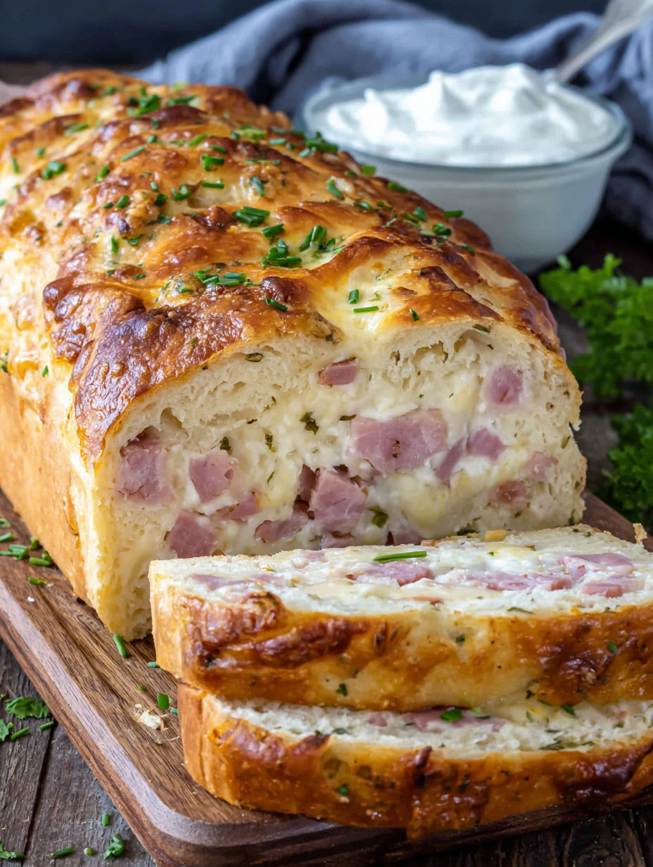 A slice of ham and cheese bread.