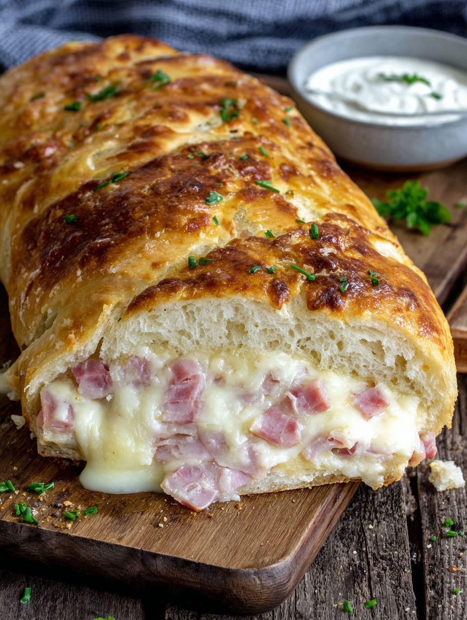 A slice of ham and cheese bread.
