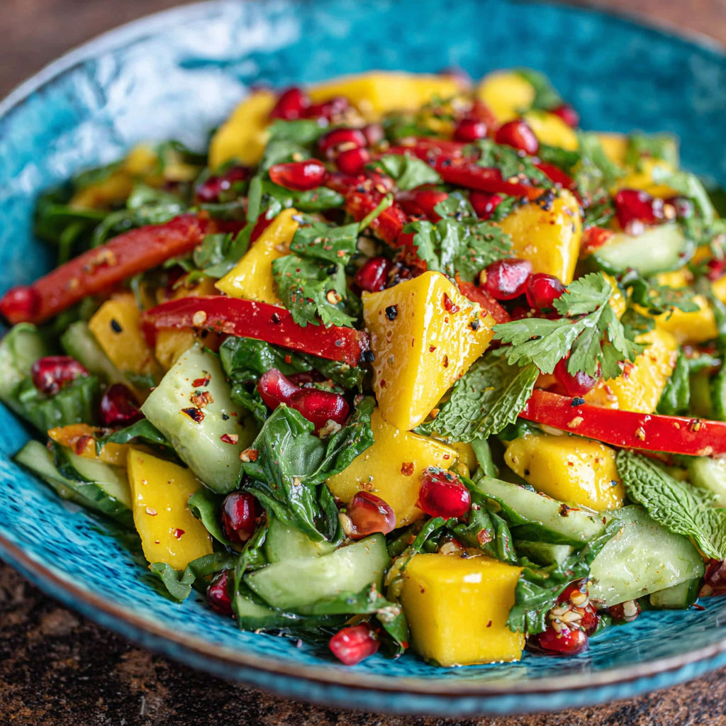 A plate of fruit salad with mango, red peppers, and pomegranate.