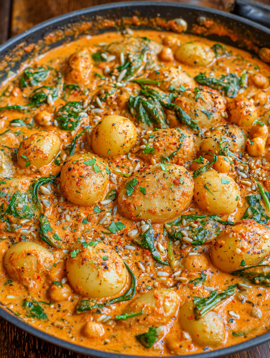 A dish of food with potatoes, rice, and greens.