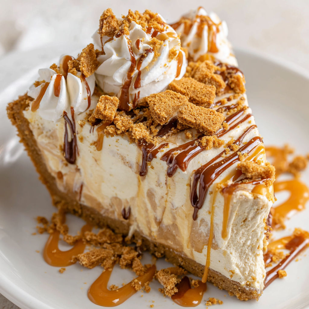 A slice of a pie with a caramel sauce drizzled on top.