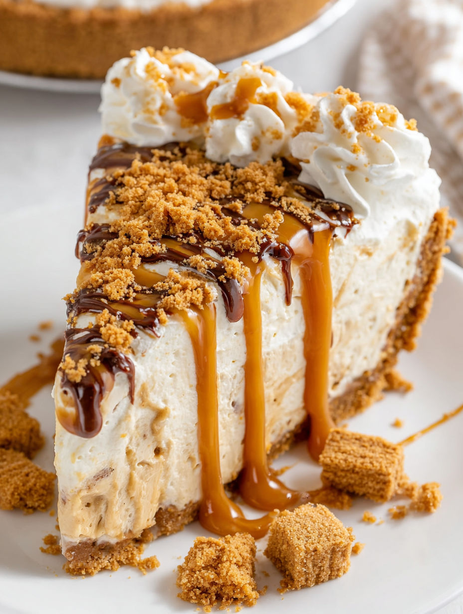 A slice of a No Bake Cookie Butter Pie.