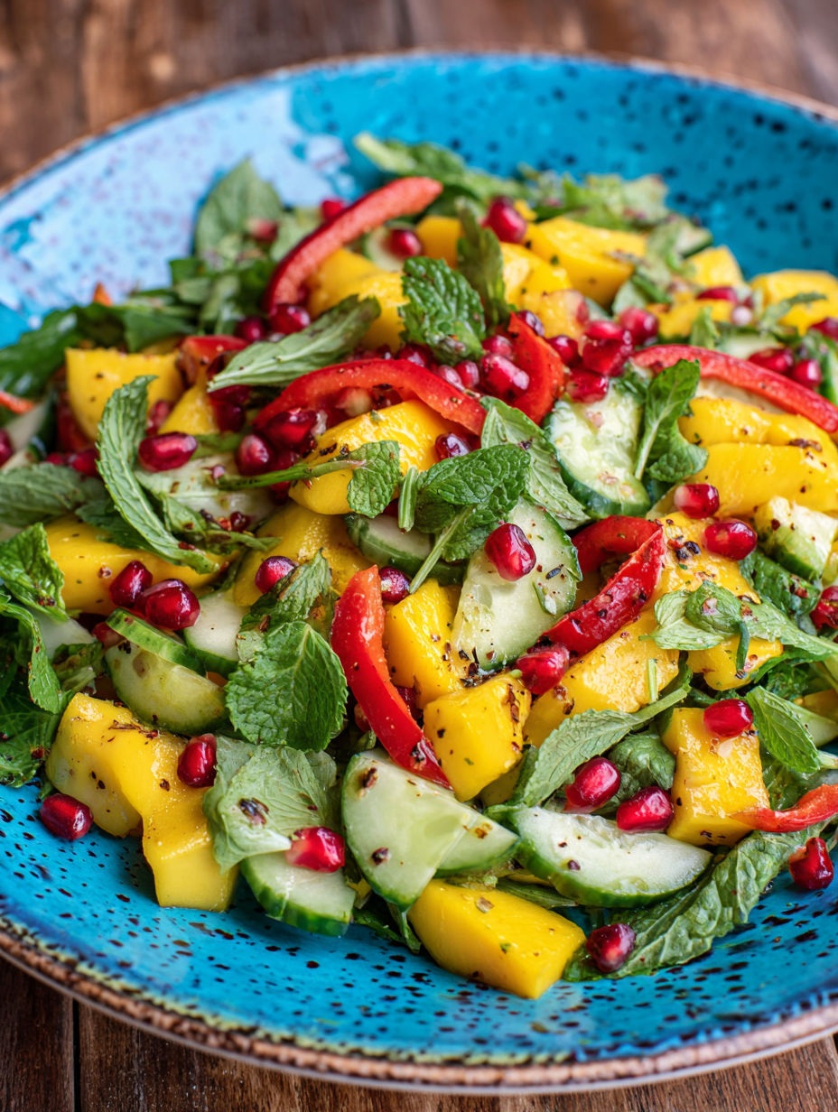 A bowl of fruit salad with cucumbers, tomatoes, and mangoes.