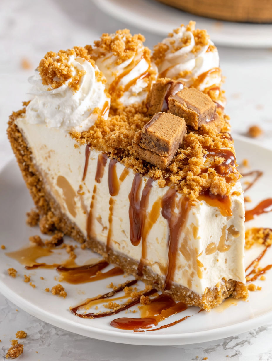 A slice of pie with caramel drizzled on top.