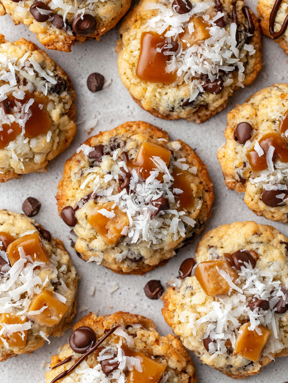 A close up of a cookie with chocolate chips and coconut.