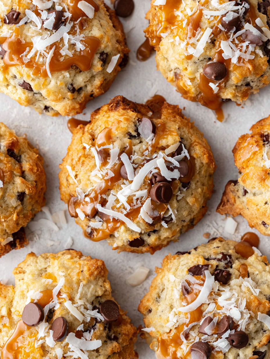 A close up of a muffin with chocolate chips and coconut on top.