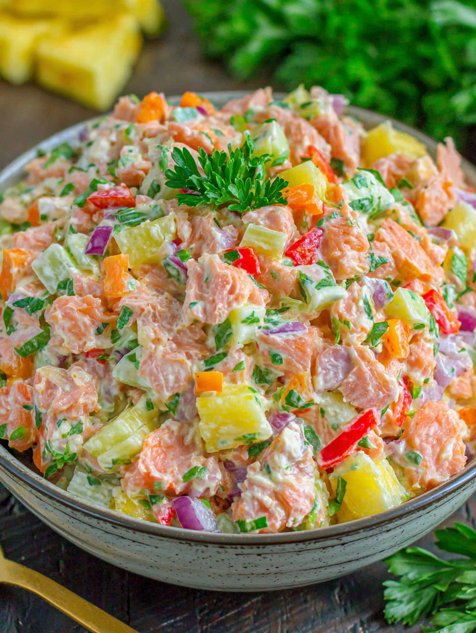 A bowl of salad with a variety of vegetables and fish.
