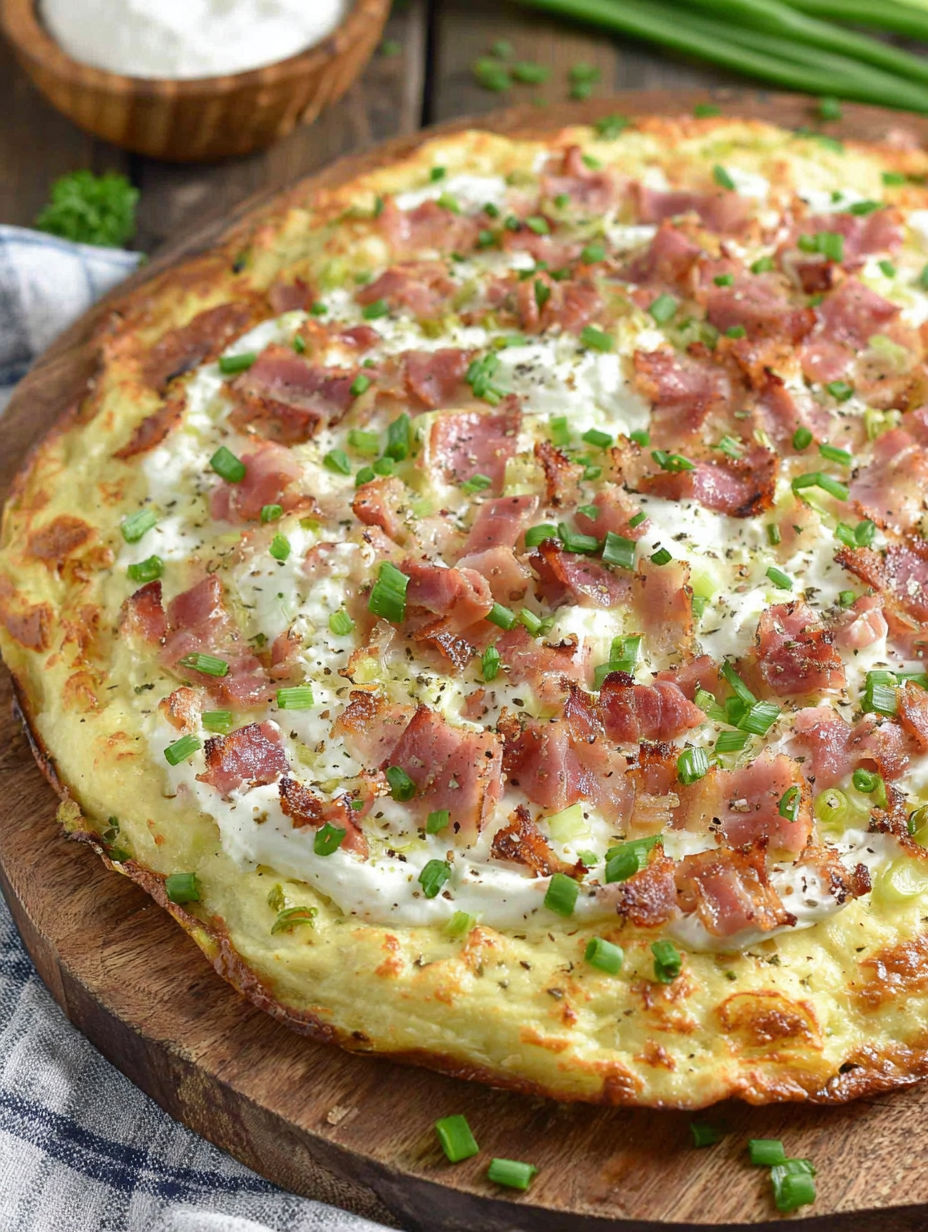 A pizza with ham and cheese on top.