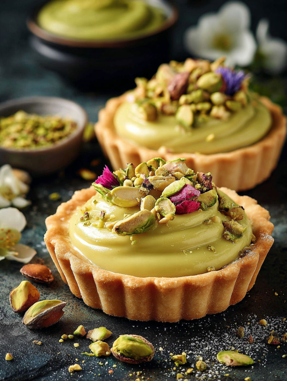 A small pastry with a creamy filling and a sprinkle of nuts.