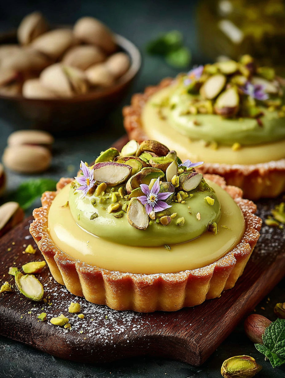 A pastry with a green filling and almonds on top.