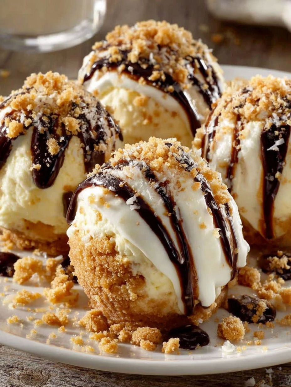 A plate of desserts with chocolate and white toppings.