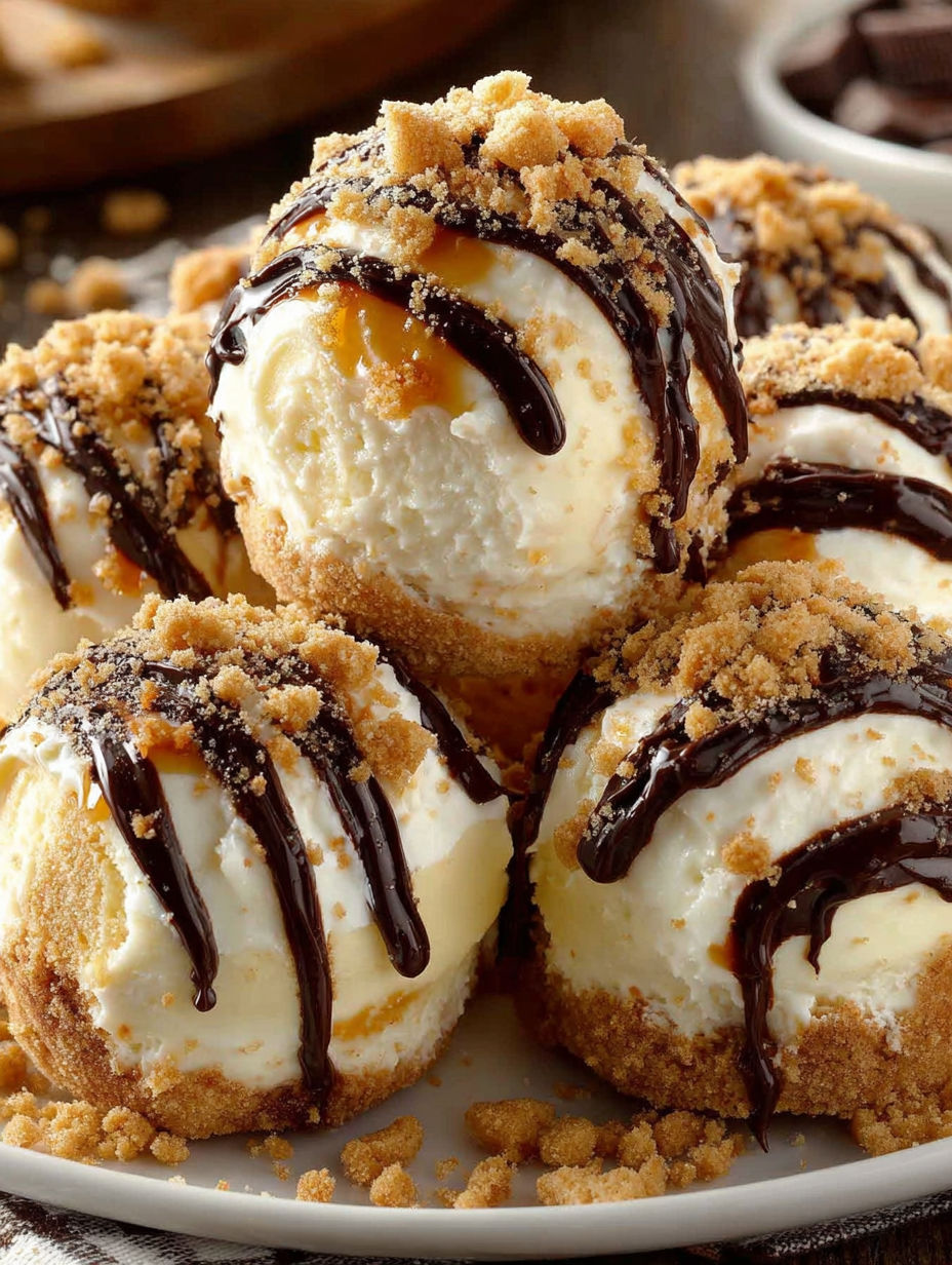 A plate of desserts with chocolate drizzled on top.