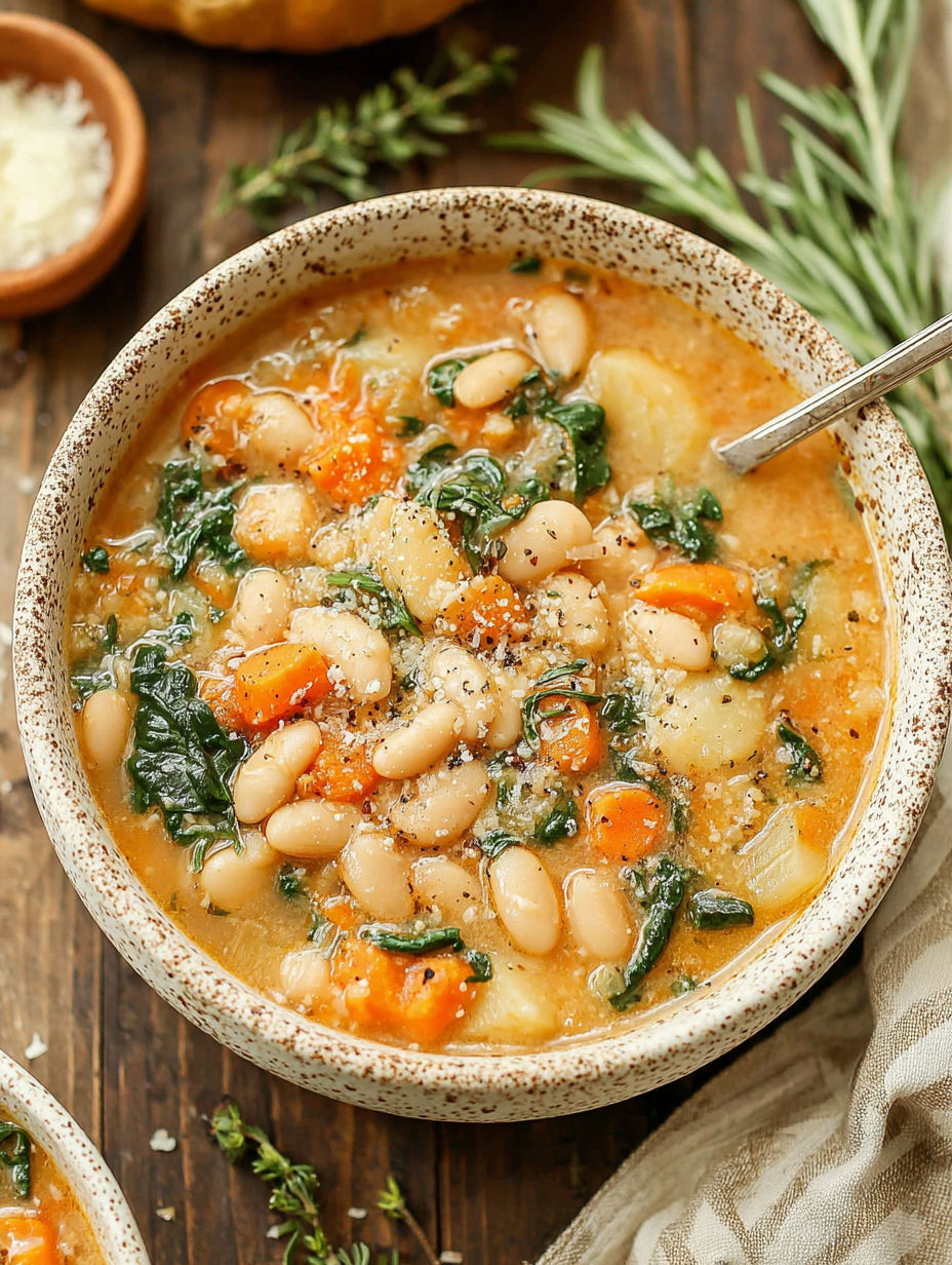 A bowl of soup with beans and greens.