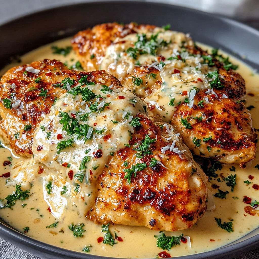 A plate of chicken with a creamy sauce.