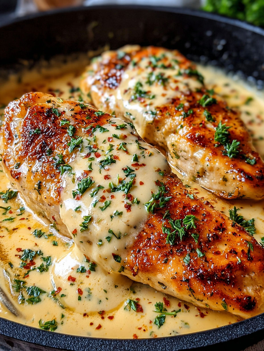 A close up of chicken with sauce on it.
