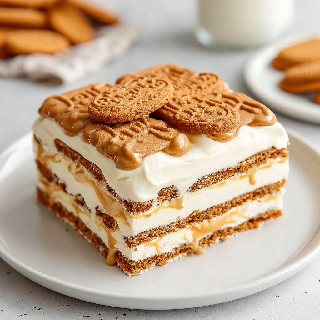 A layered dessert with Biscoff cookies and white icing.