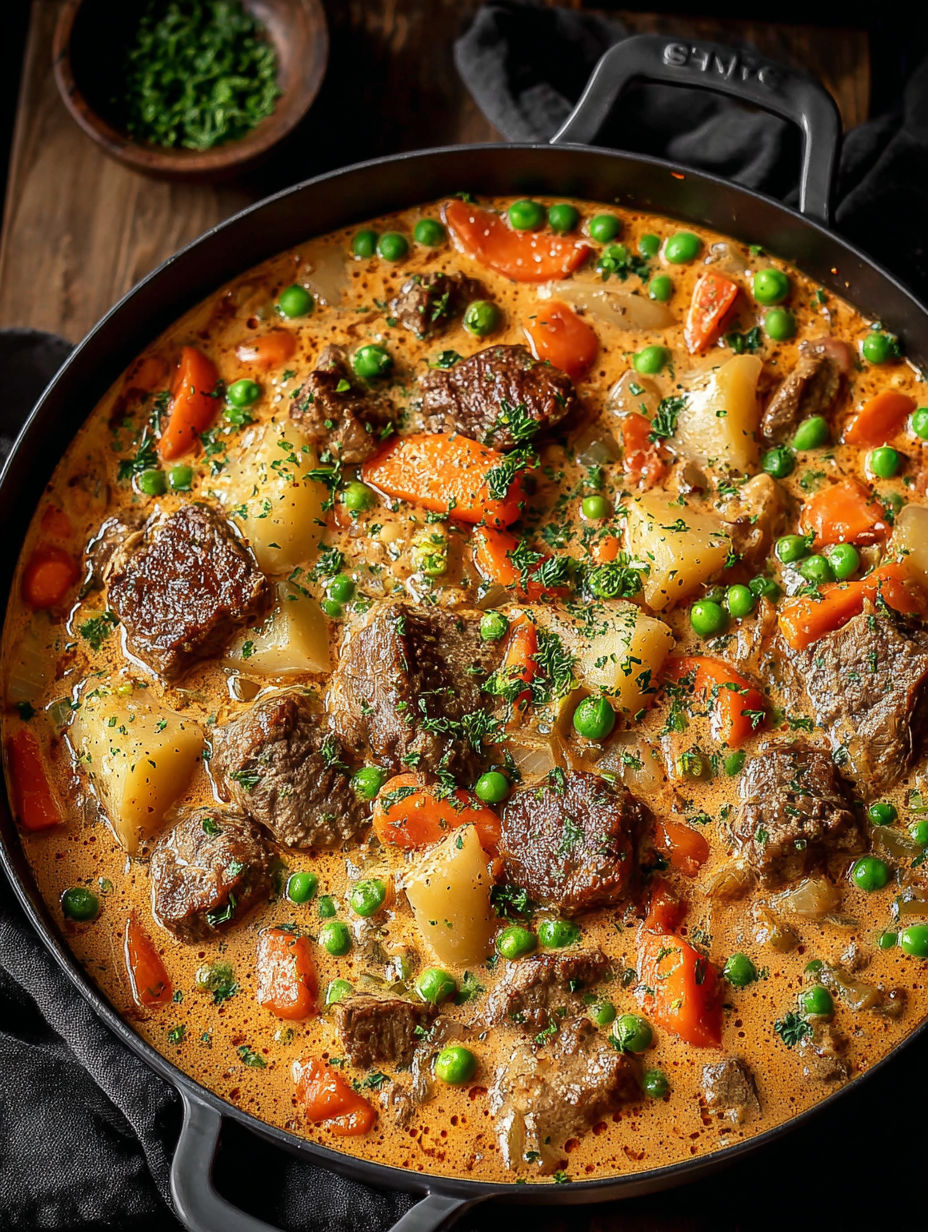 A delicious meal in a pan with meat and vegetables.