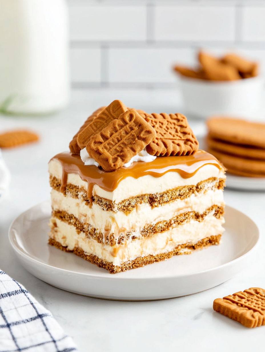A slice of Biscoff Icebox Cake.