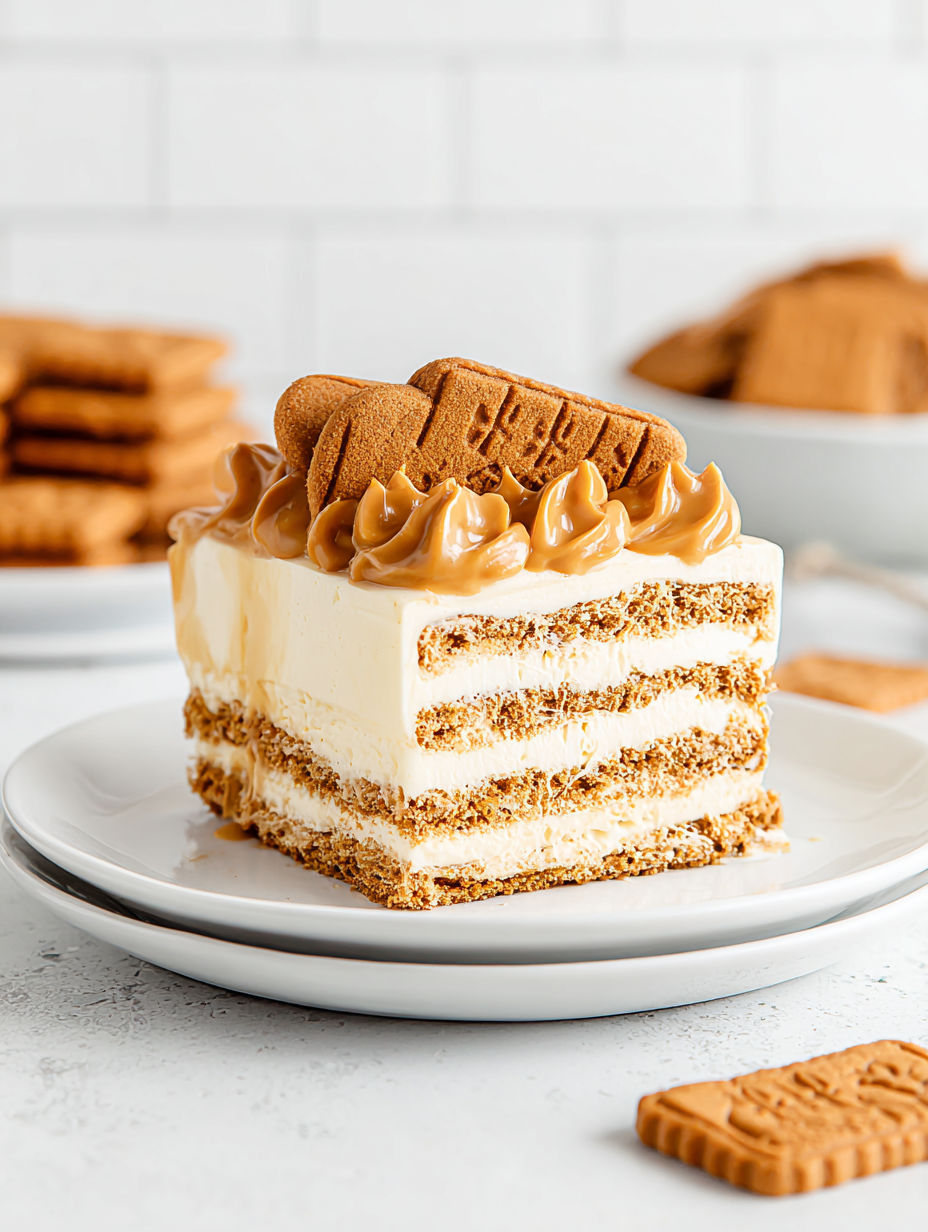 A slice of Biscoff Icebox Cake.