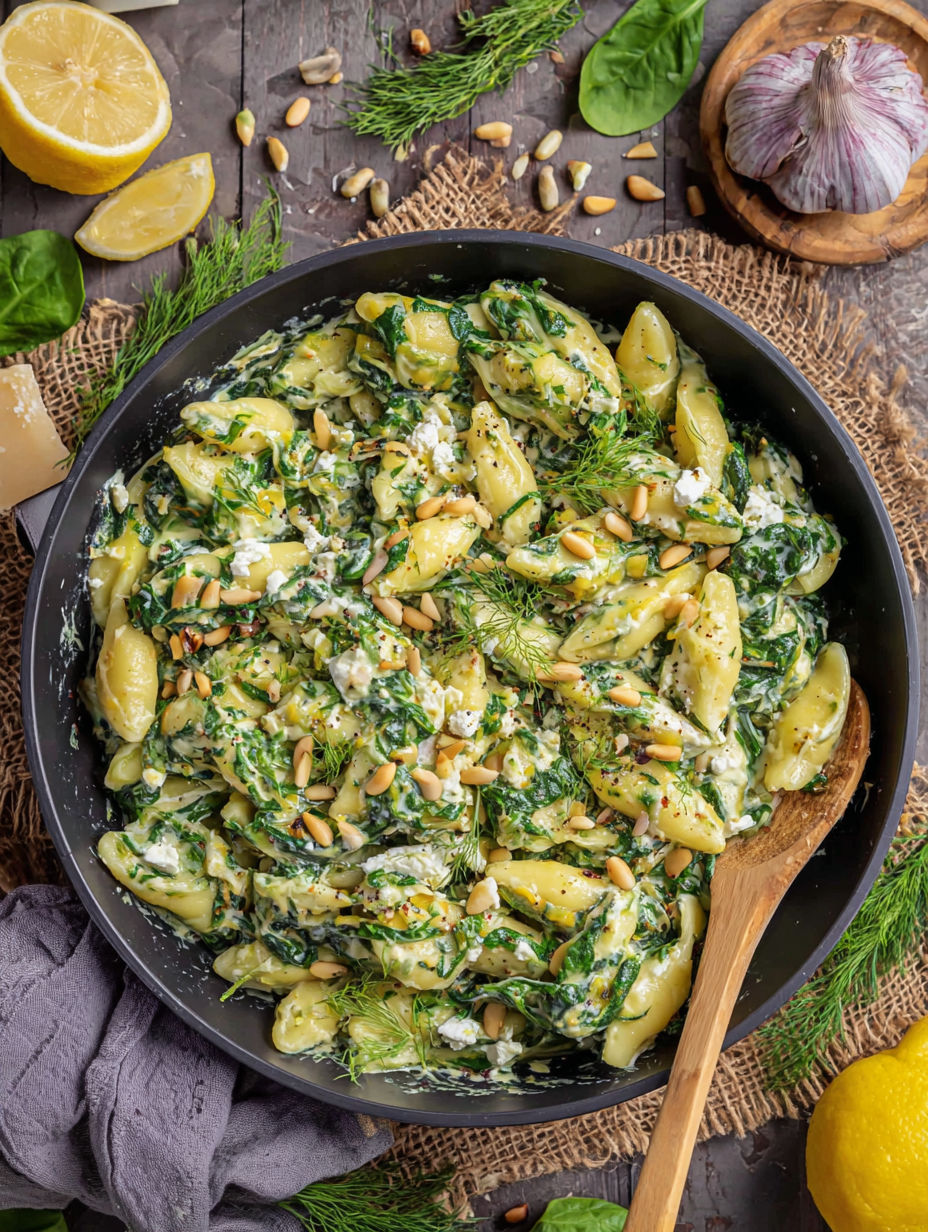 A bowl of pasta with spinach and pine nuts.
