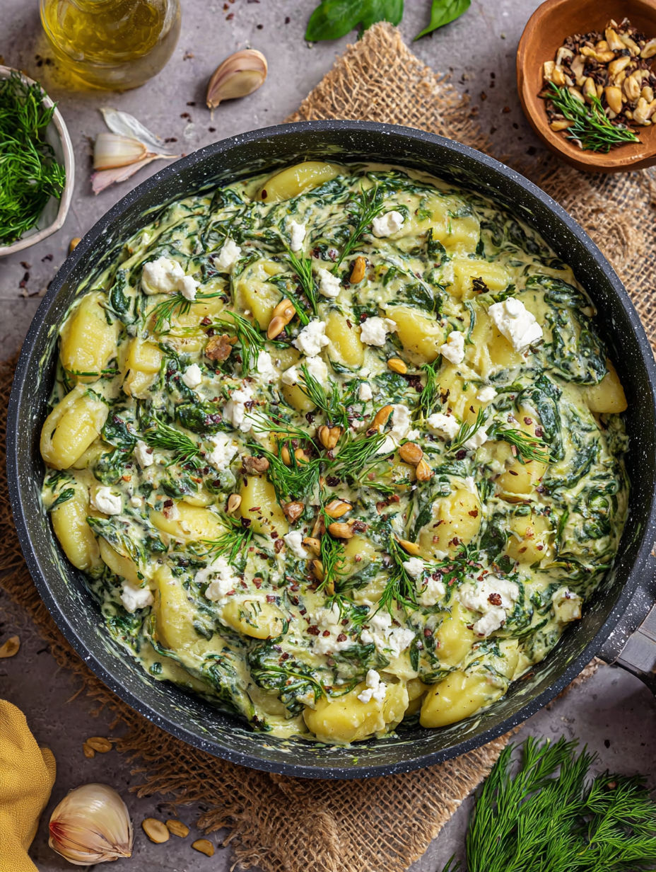 A black pot with a green vegetable dish.