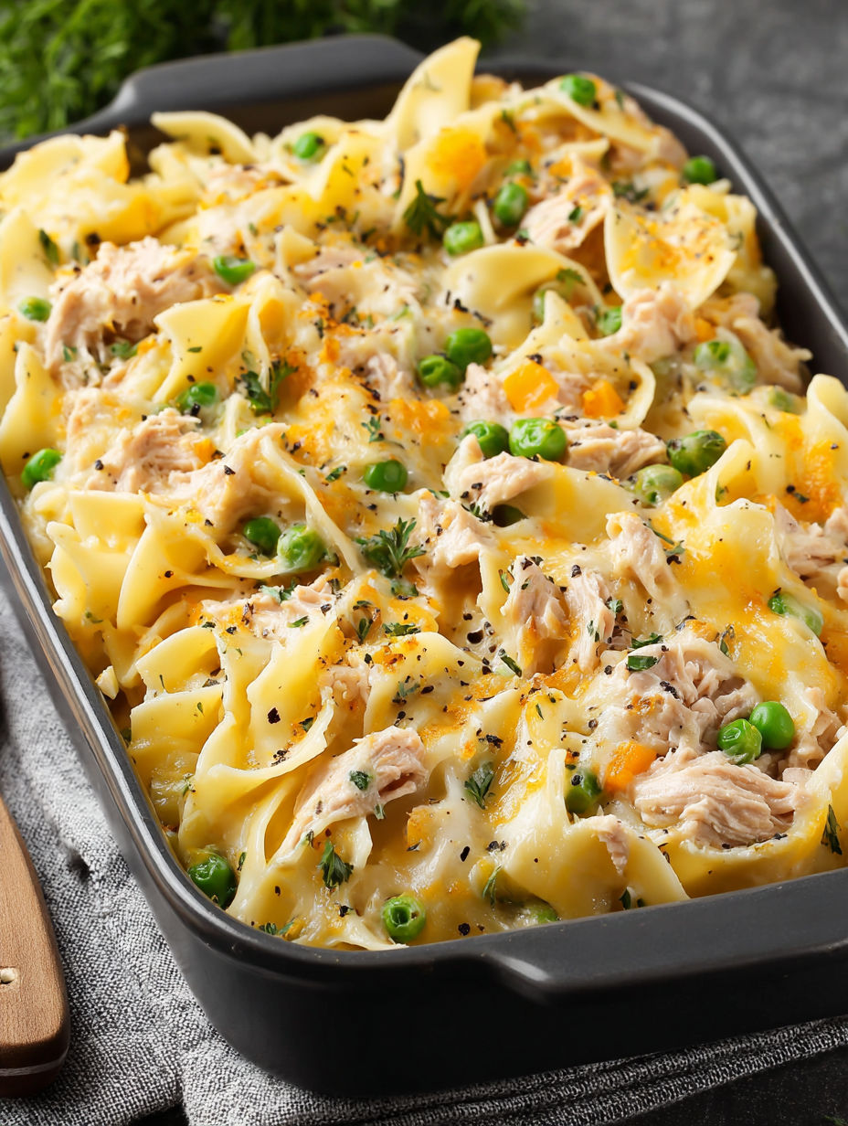 A dish of pasta with chicken and peas.