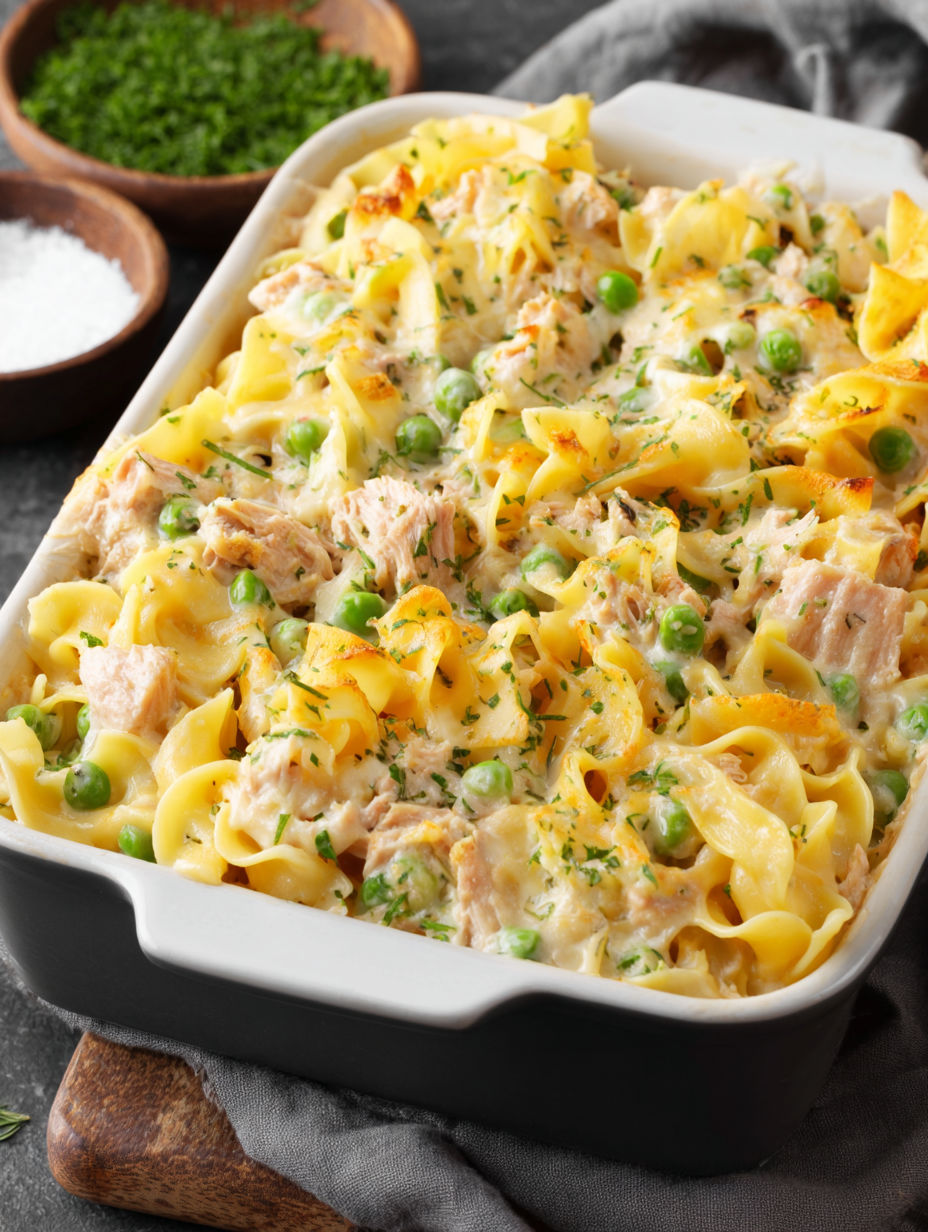 A dish of pasta with peas and chicken.