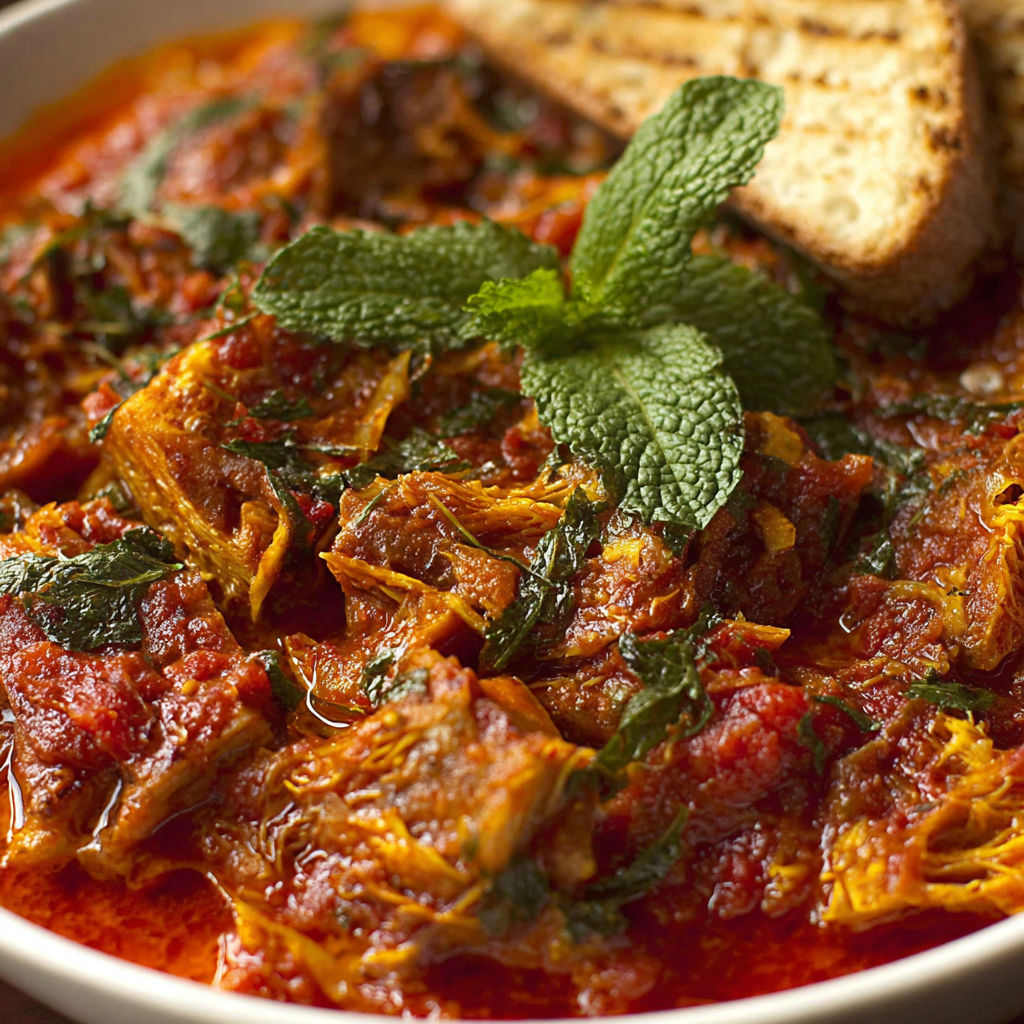 A bowl of food with a green leaf on top.