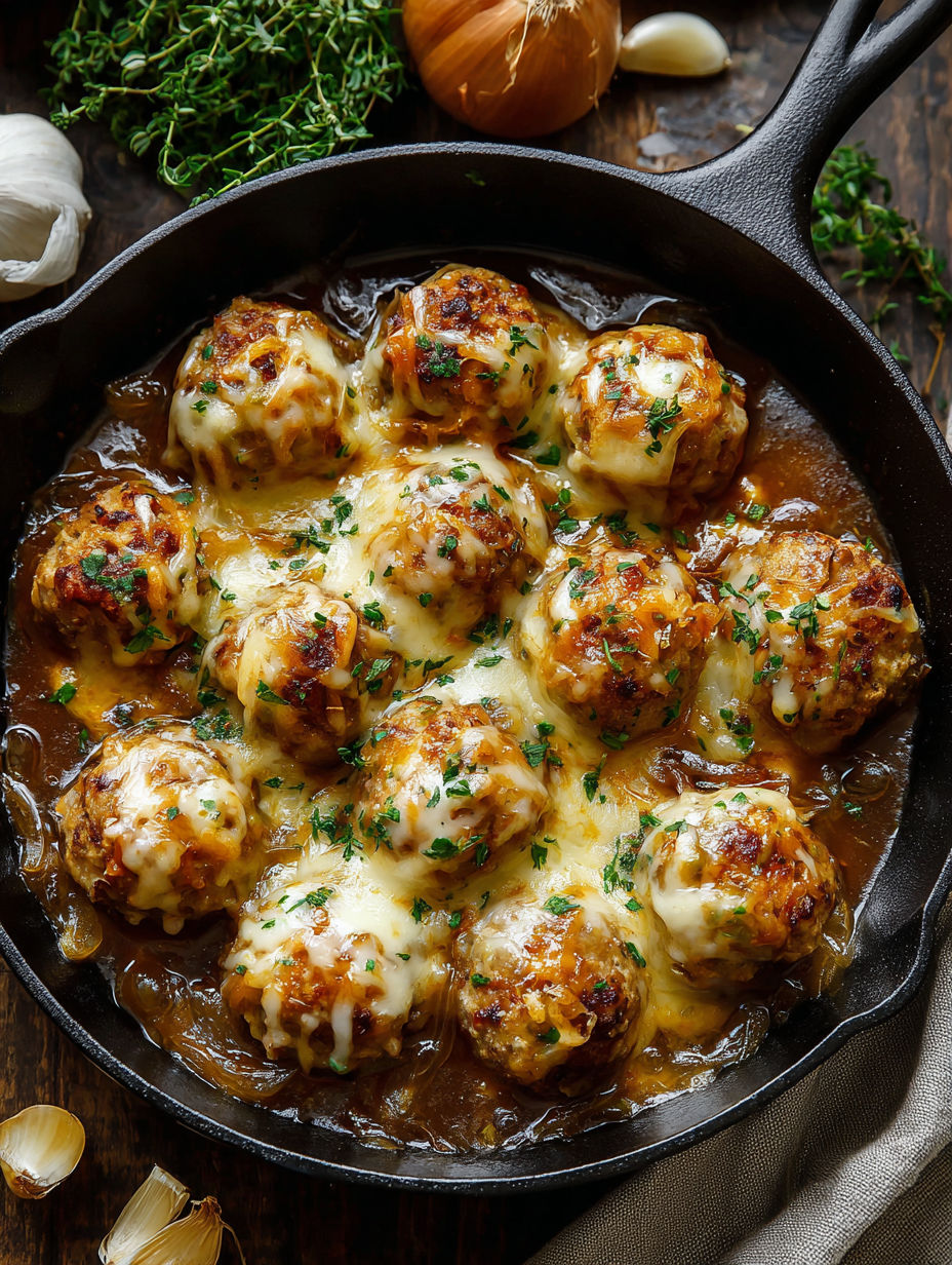 A pan of French onion meatballs.