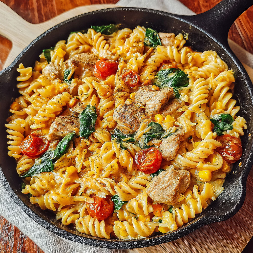 A one pot pasta dish with meat and vegetables.
