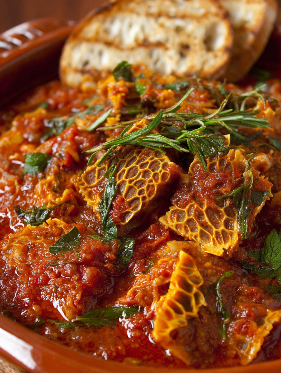 A bowl of food with a slice of bread on top.