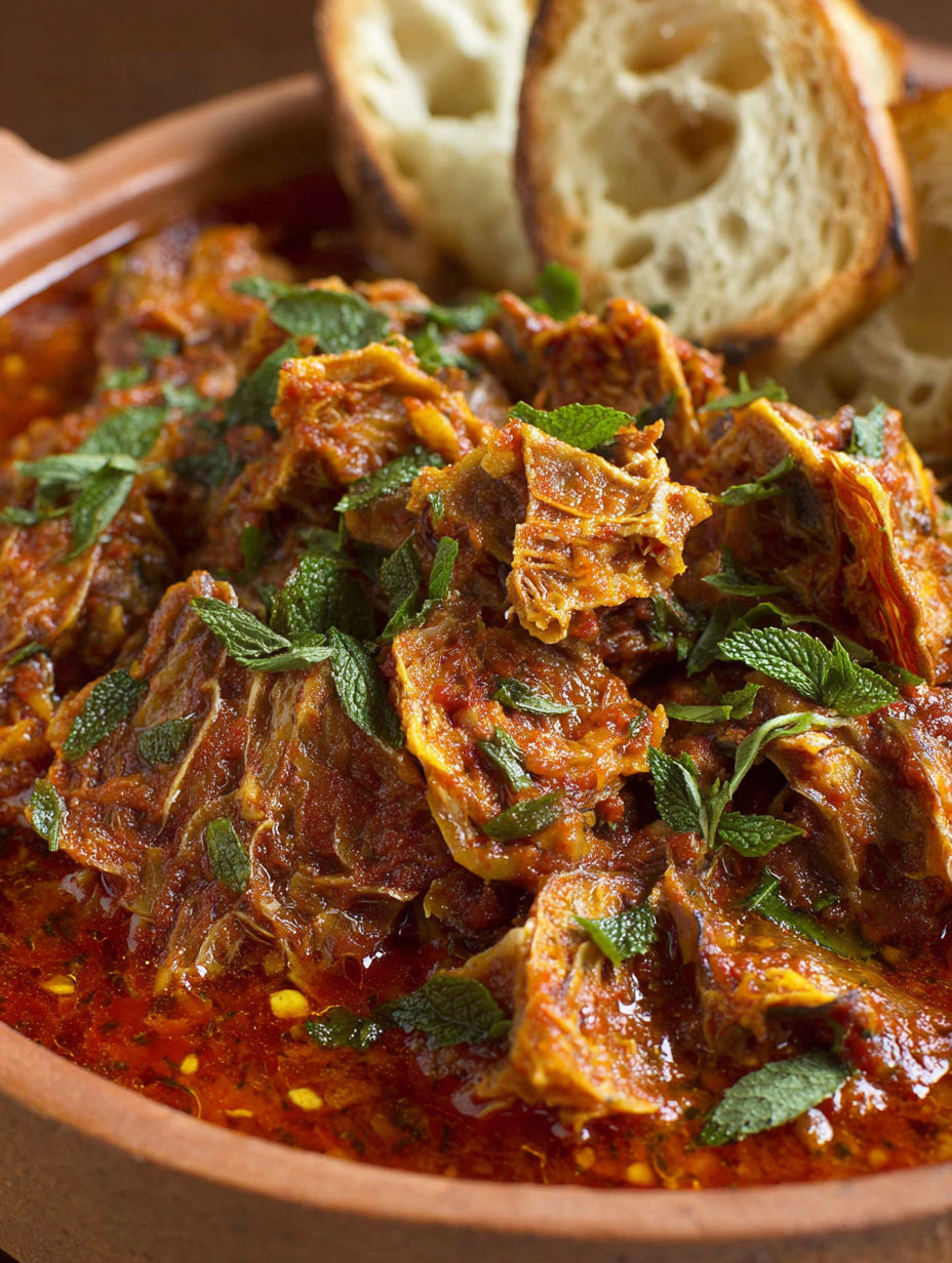 A bowl of meat with herbs and spices.
