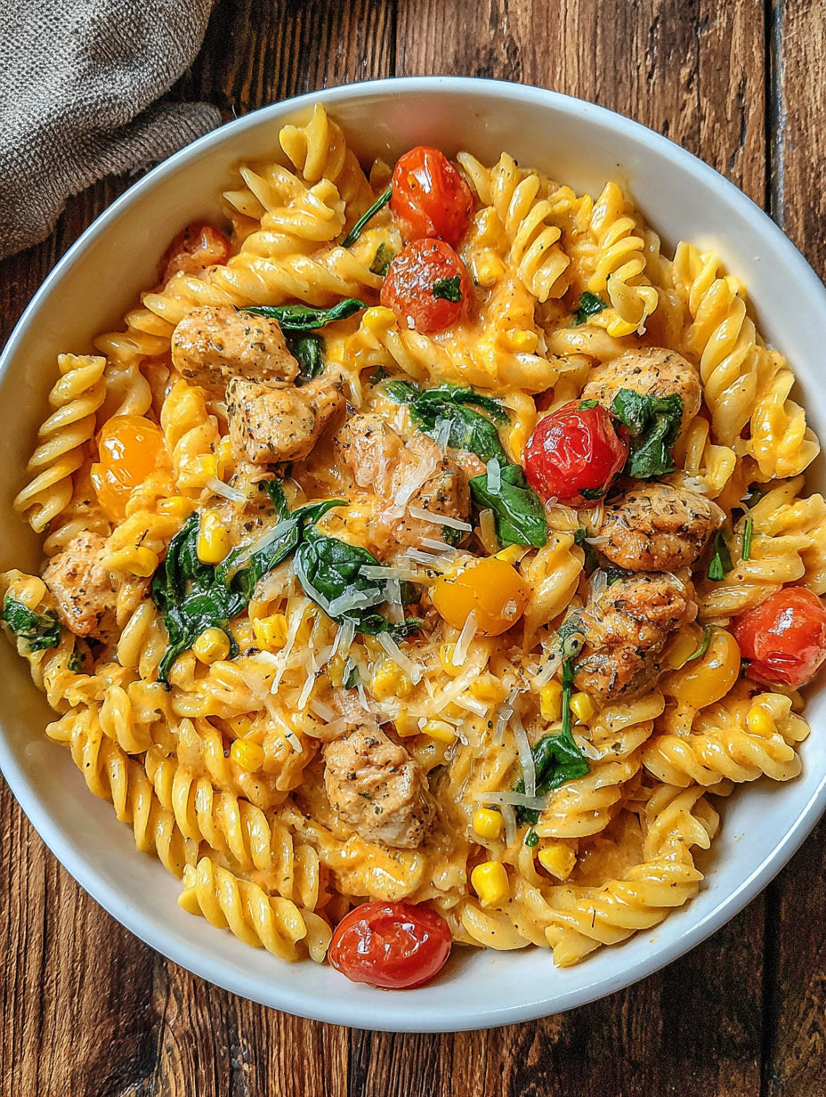 A bowl of pasta with chicken and tomatoes.