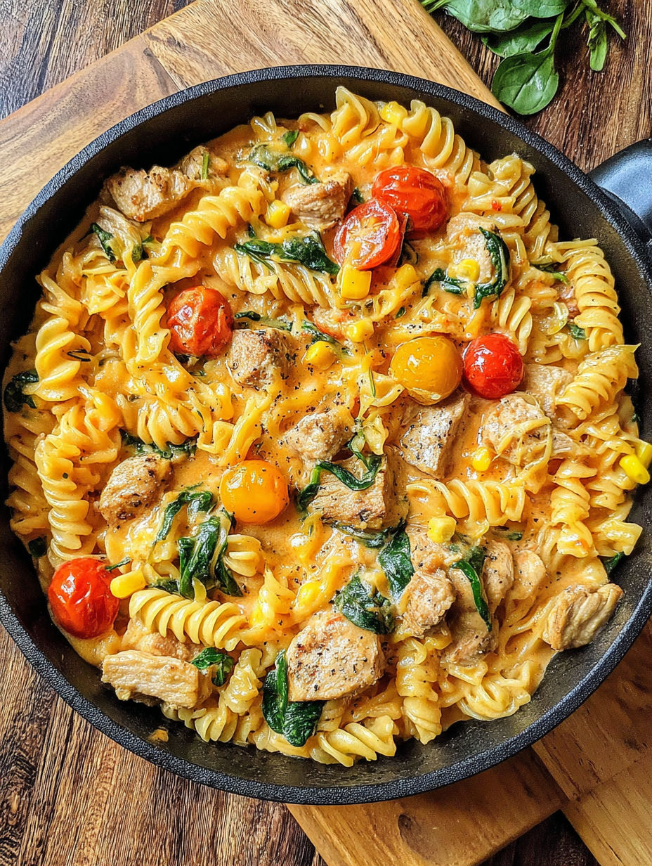 A one pot pasta dish with meat and vegetables.