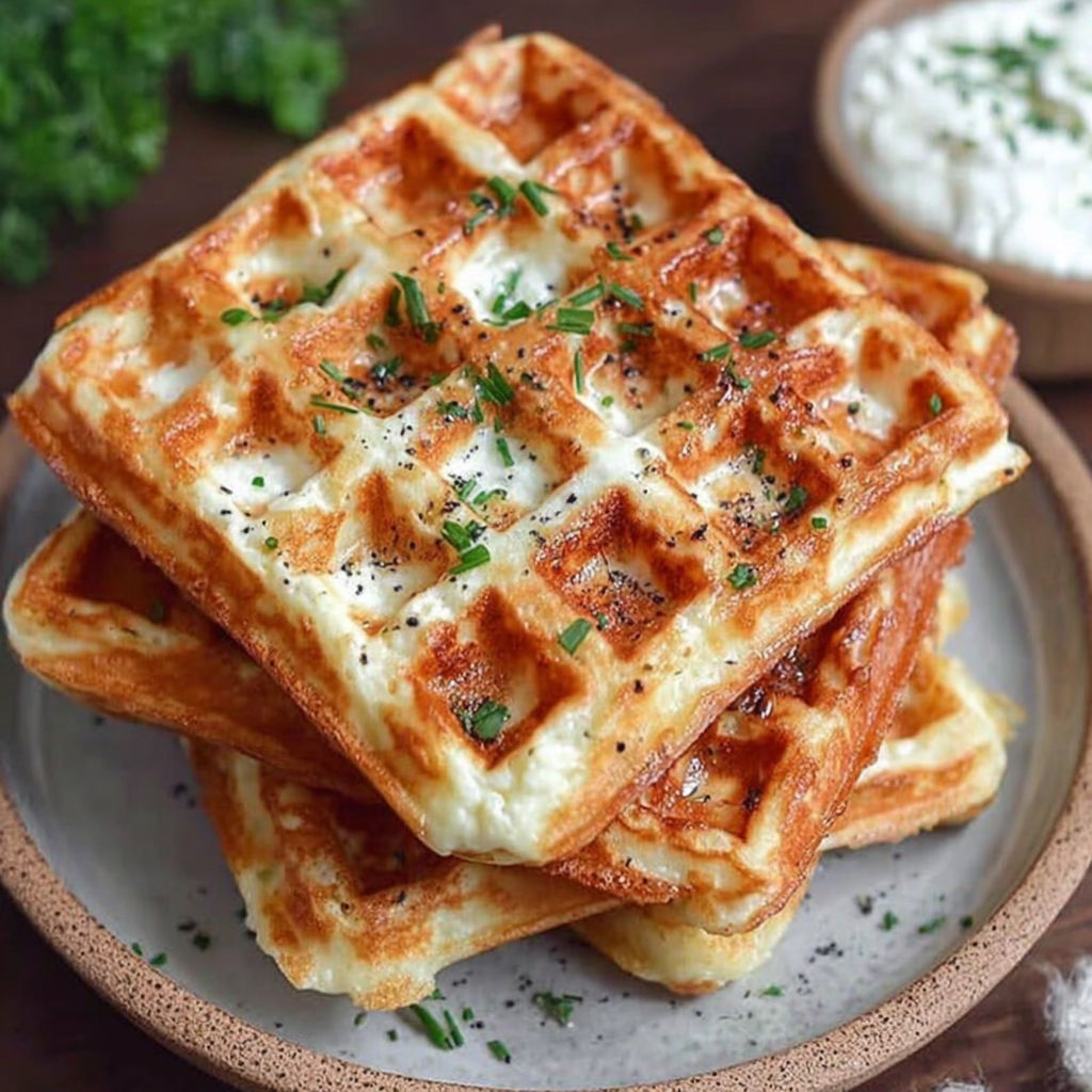 A stack of waffles with cheese on top.