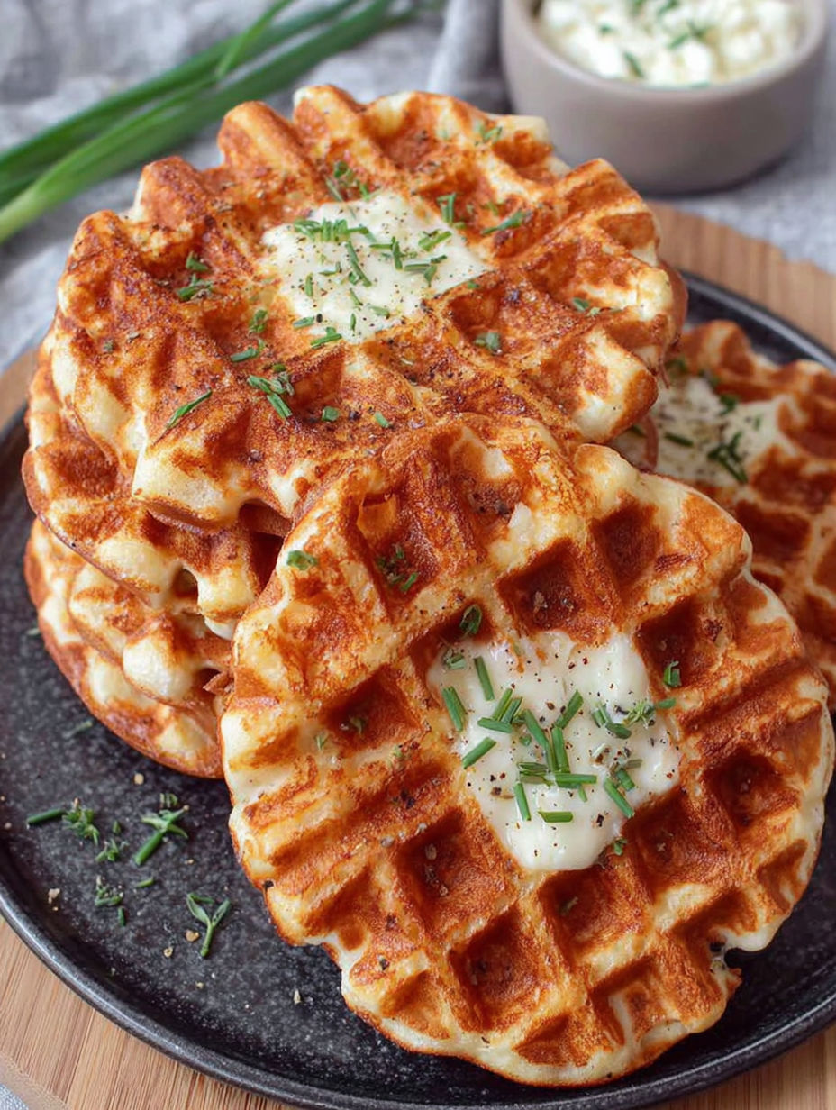 A stack of waffles with cheese and herbs on top.