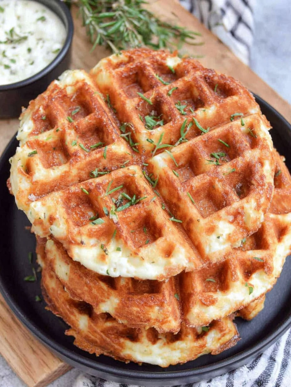 A stack of waffles with green toppings.