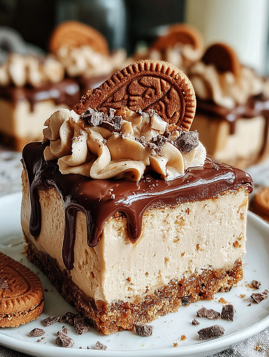 A slice of cake with chocolate and cookie toppings.