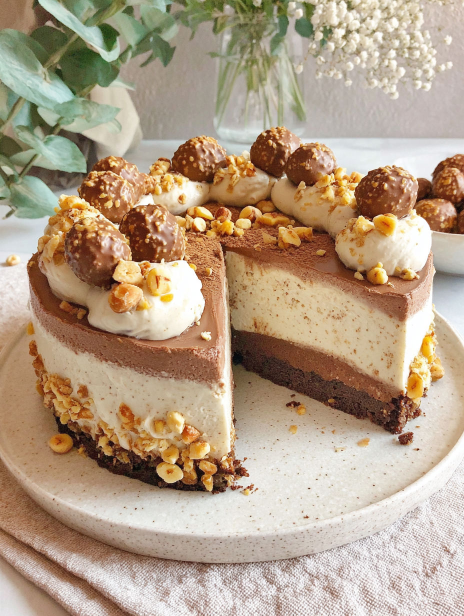 A slice of cake with chocolate and nuts.