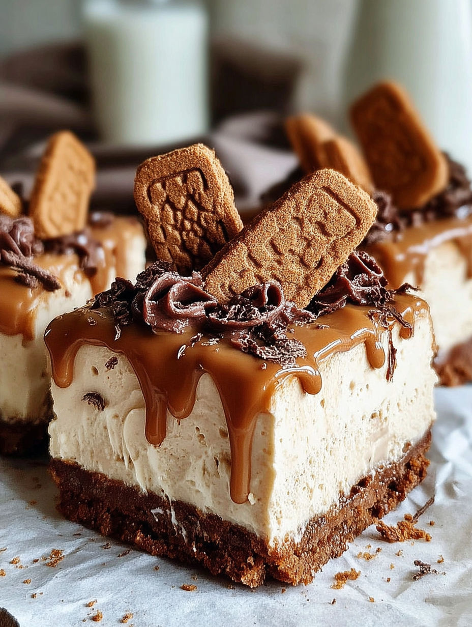 A slice of cake with a caramel sauce and cookie crumbs on top.