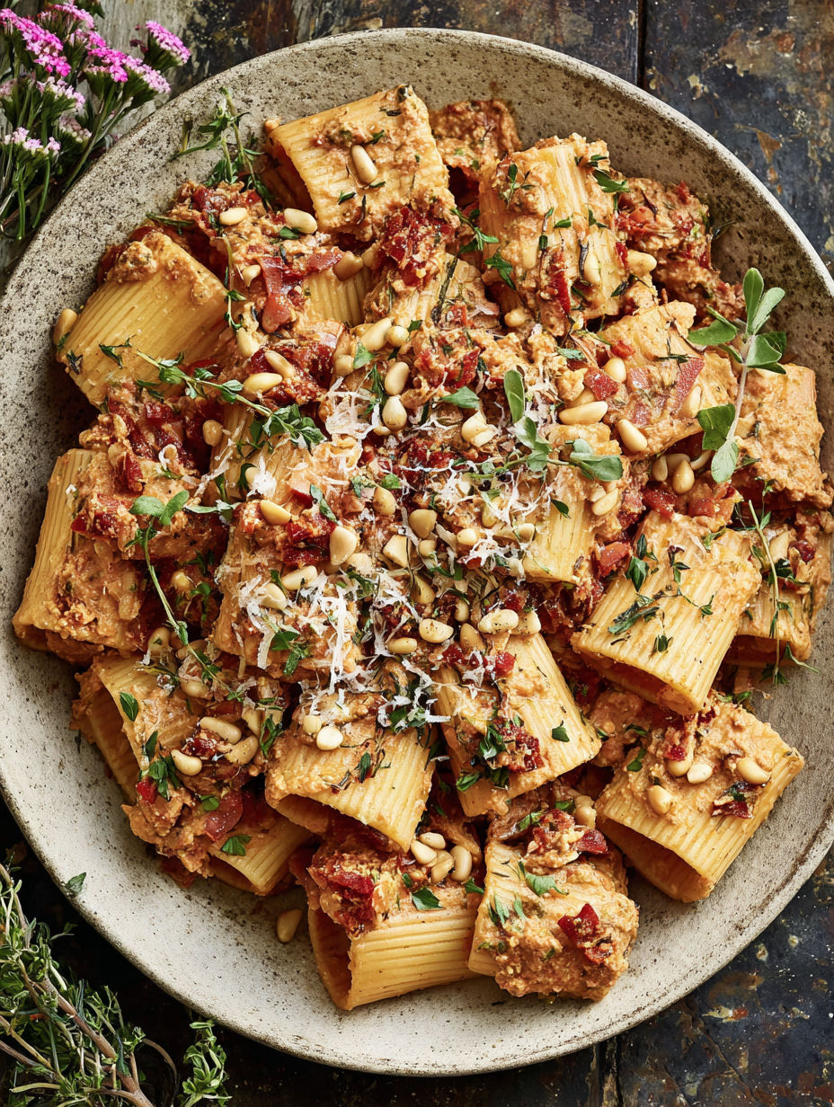 A plate of pasta with tomatoes and cheese.