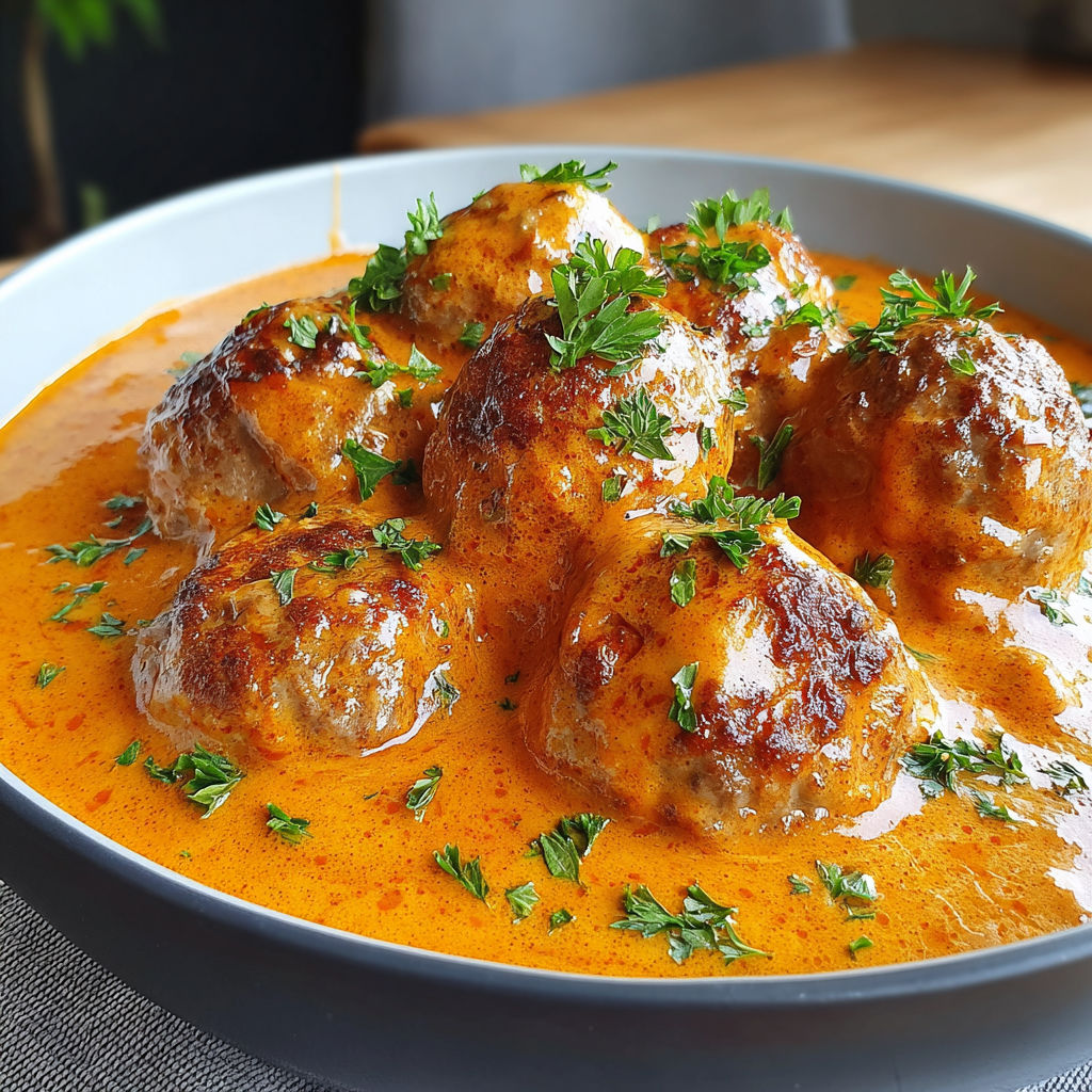 A plate of meatballs in a creamy tomato sauce.