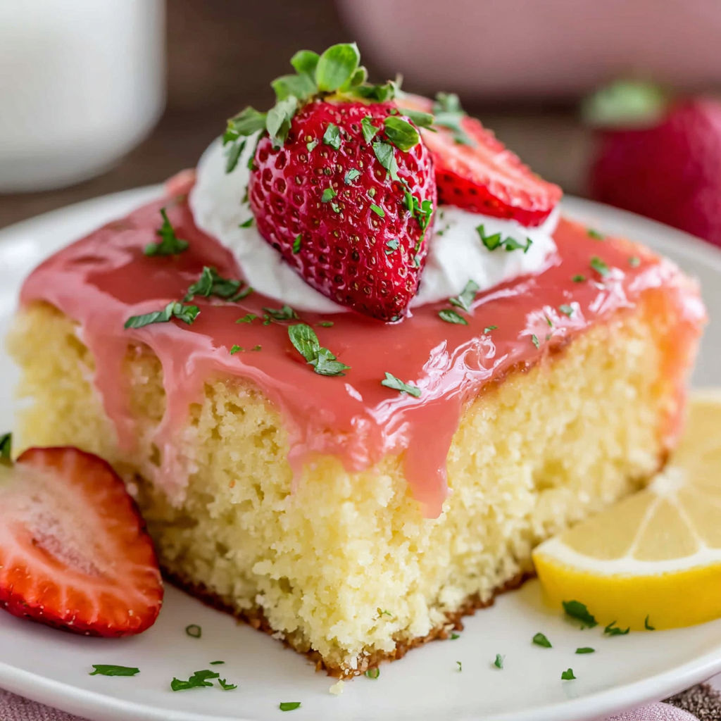 A slice of vanilla sheet cake with strawberry glaze.