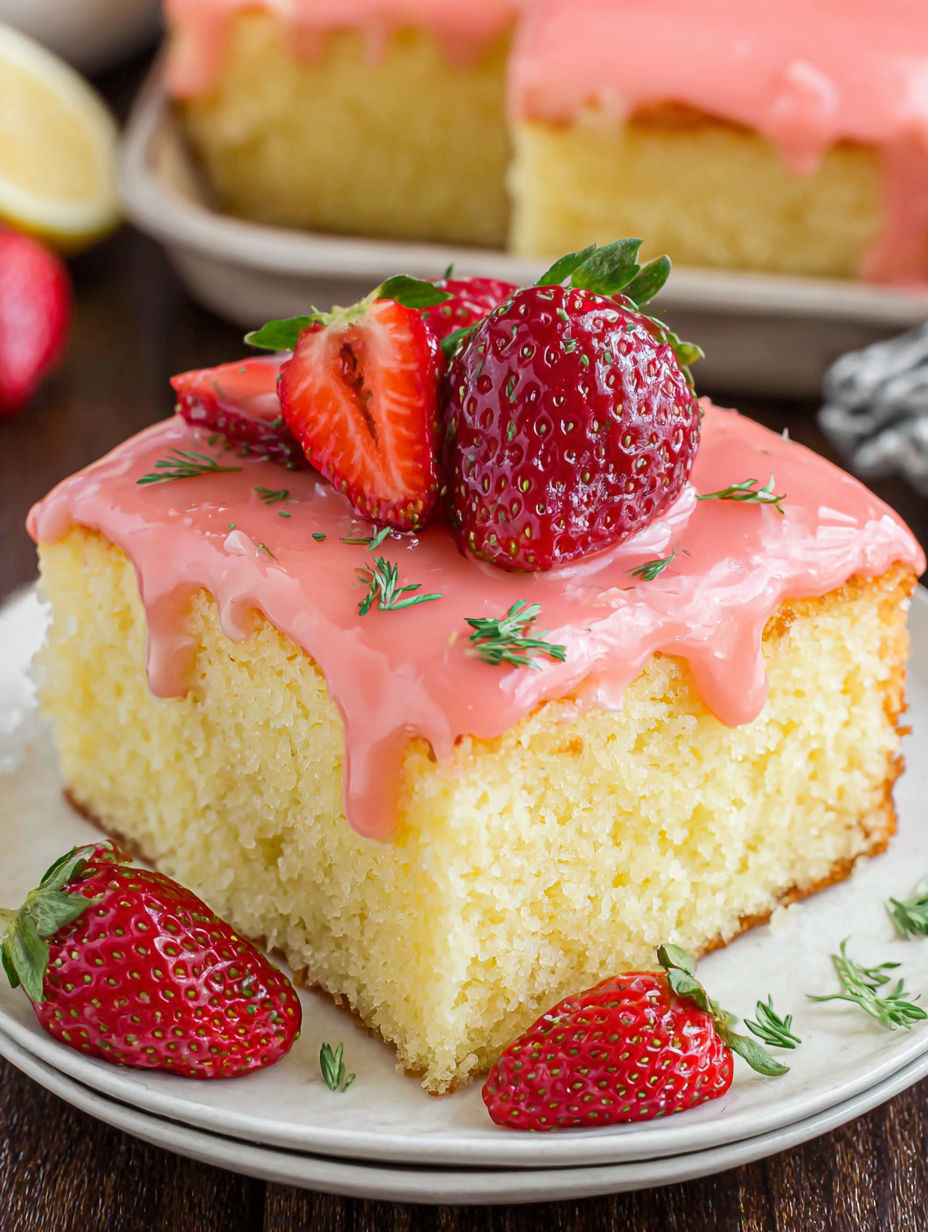 A slice of cake with strawberries on top.