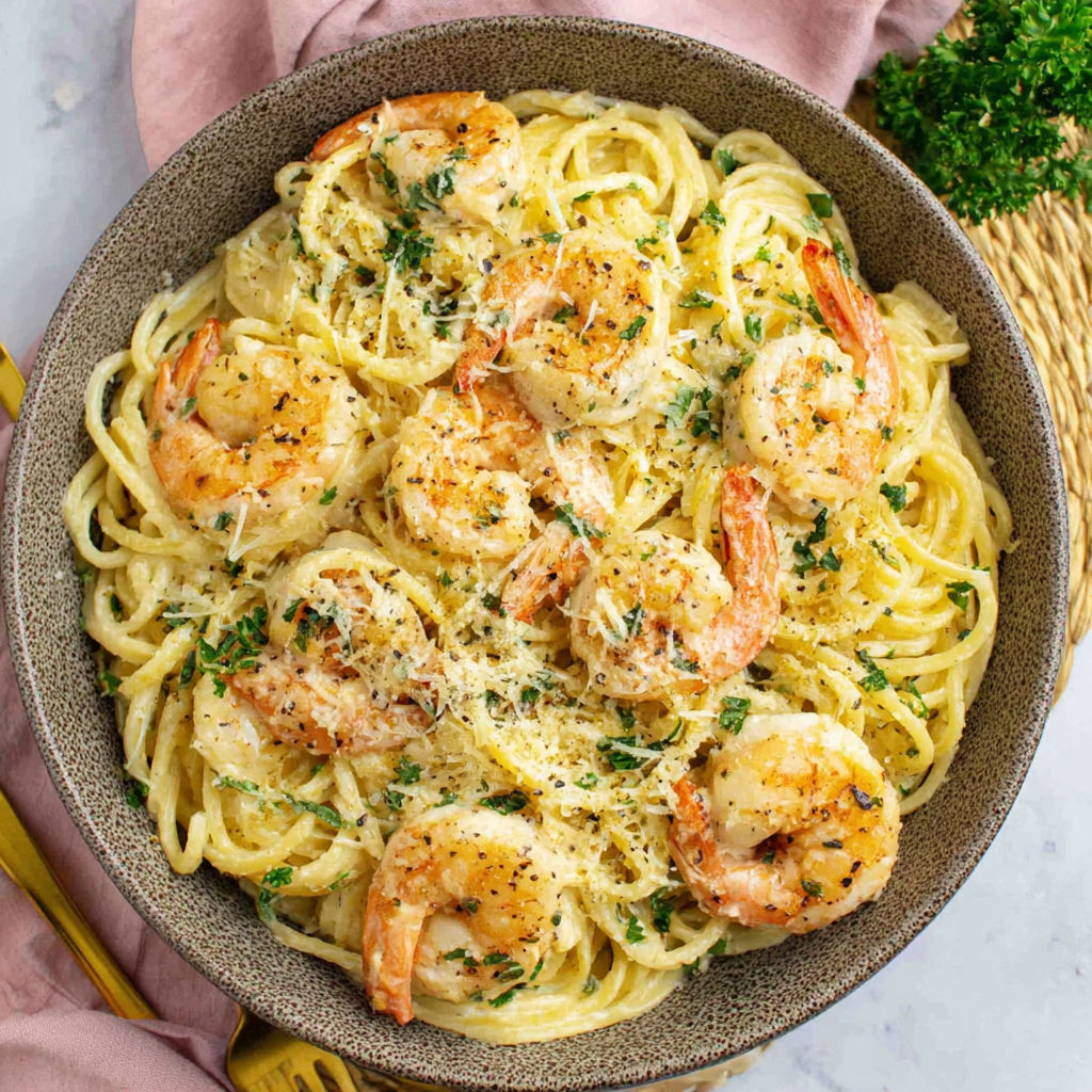 A bowl of spaghetti with shrimp and cheese.